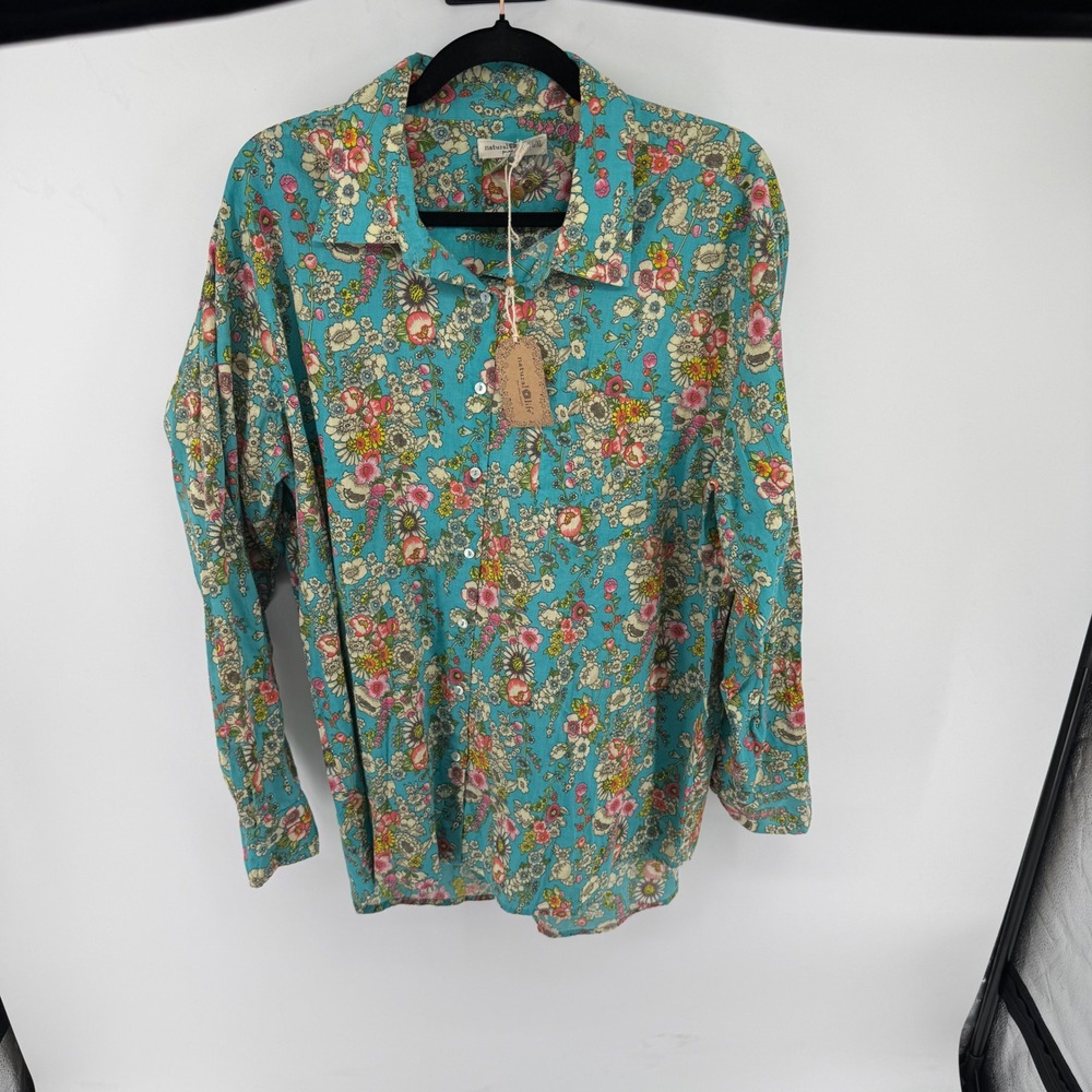 Natural Life Turquoise Floral Button Down Shirt Long Sleeve Boho TOP1002 L/XL